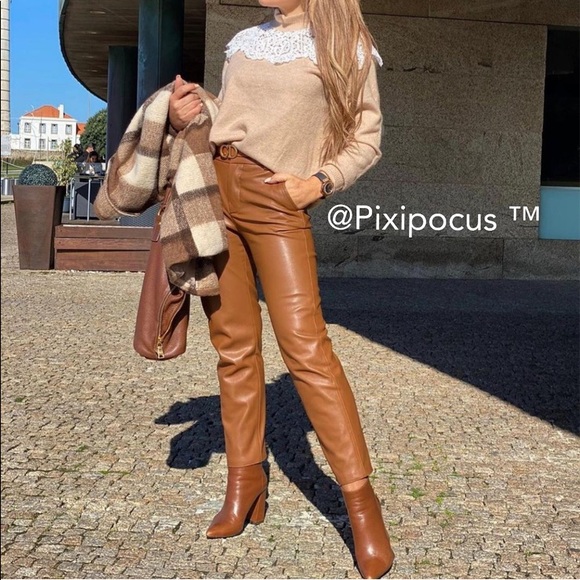 NWT ZARA FAUX LEATHER PANTS CAMEL - Picture 2 of 12
